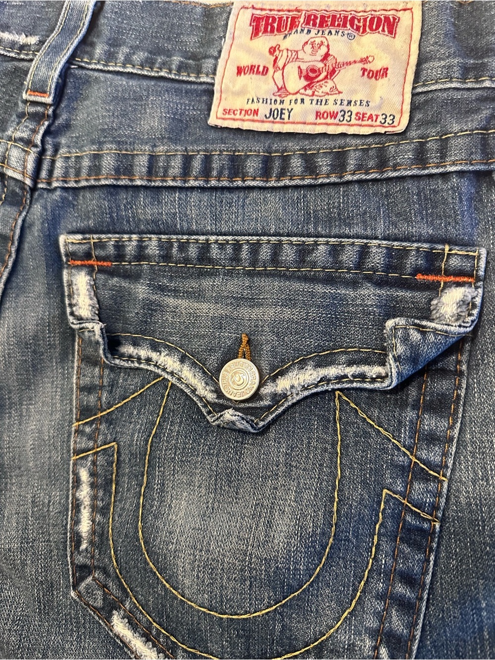 True Religion Men's Joey Jeans in Distressed Blue with Yellow Stitching